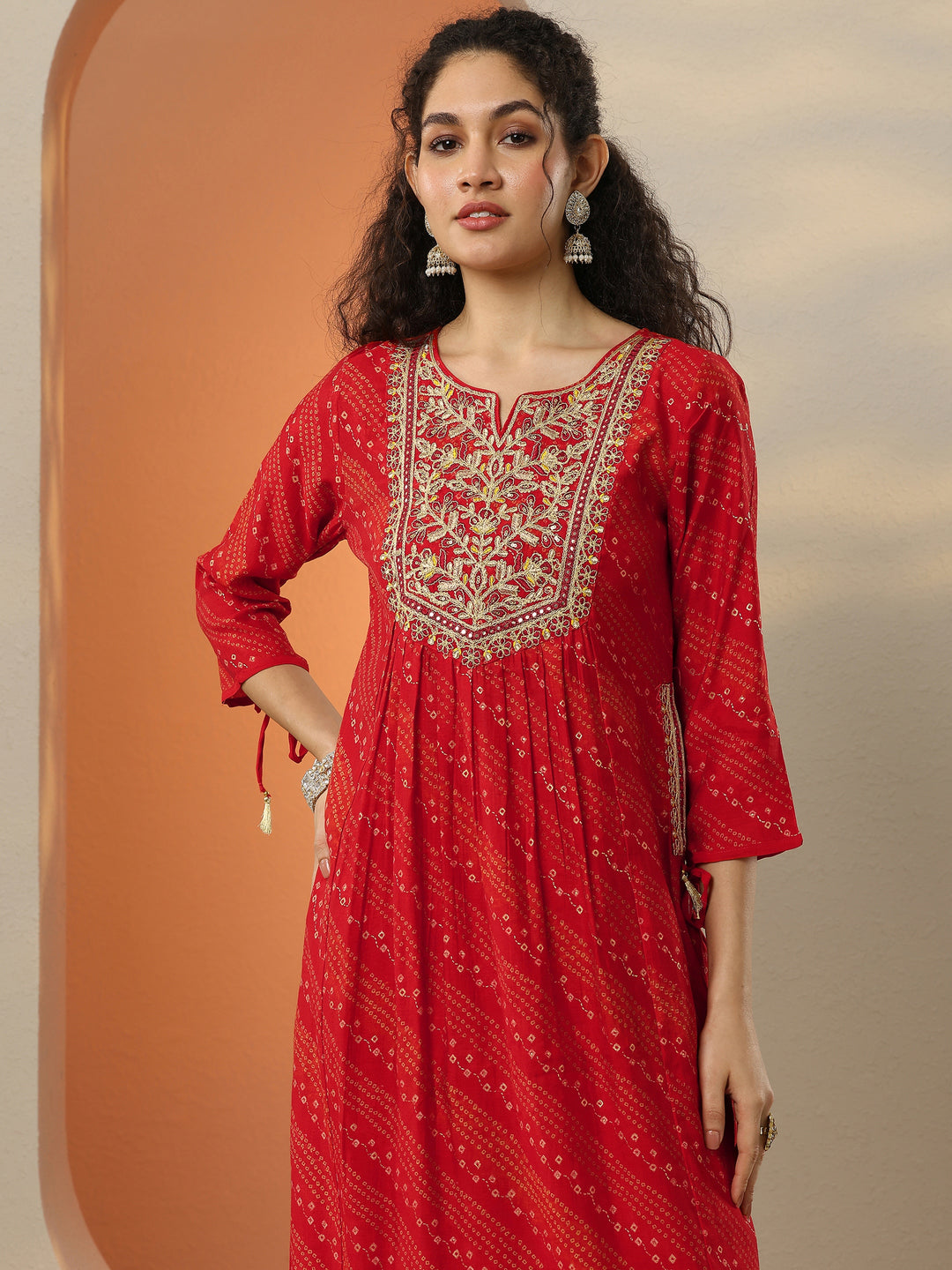  Red Printed Silk Blend  A-Line Suit Set With Dupatta 
