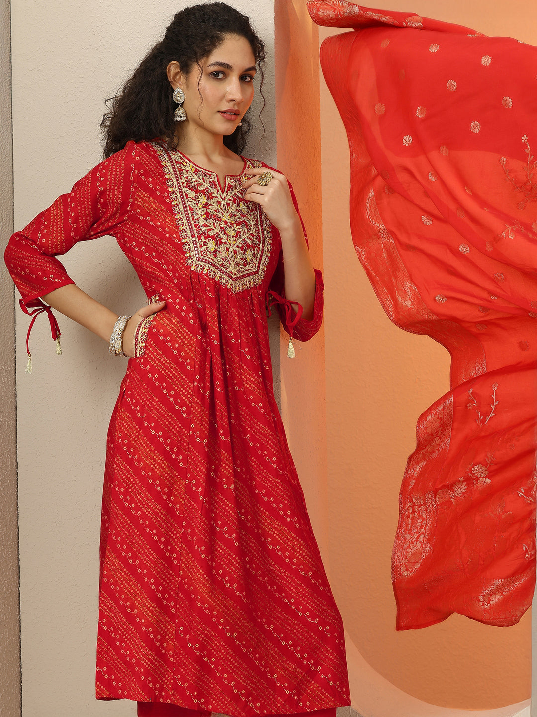  Red Printed Silk Blend  A-Line Suit Set With Dupatta 