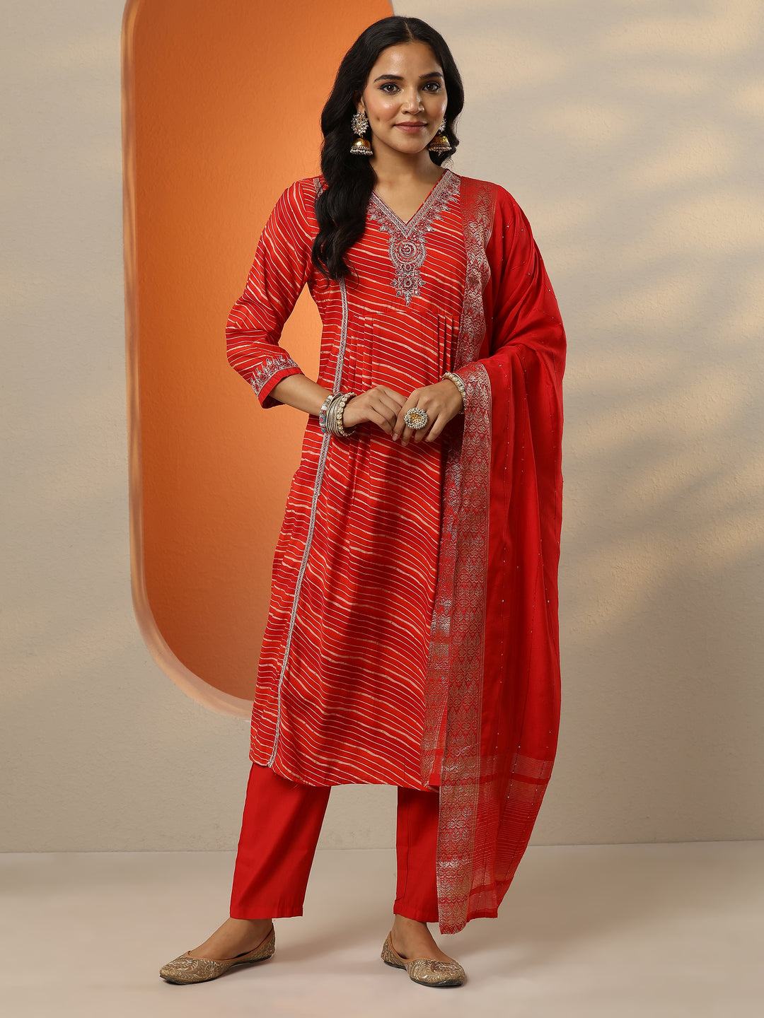 Orange Printed Silk blend Straight Suit Set With Dupatta