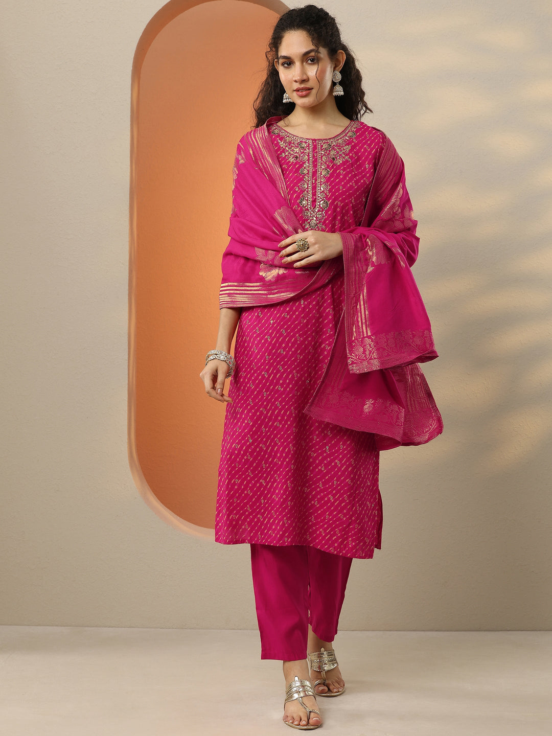  Pink Printed Silk Blend  Straight Suit Set With Dupatta 