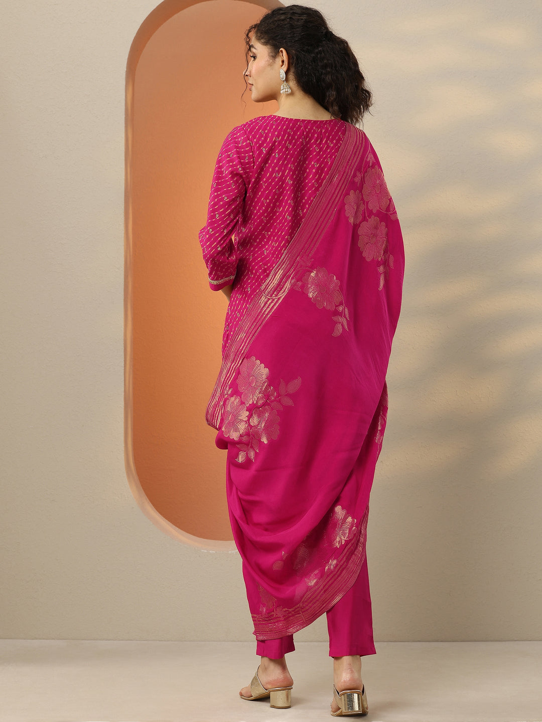  Pink Printed Silk Blend  Straight Suit Set With Dupatta 