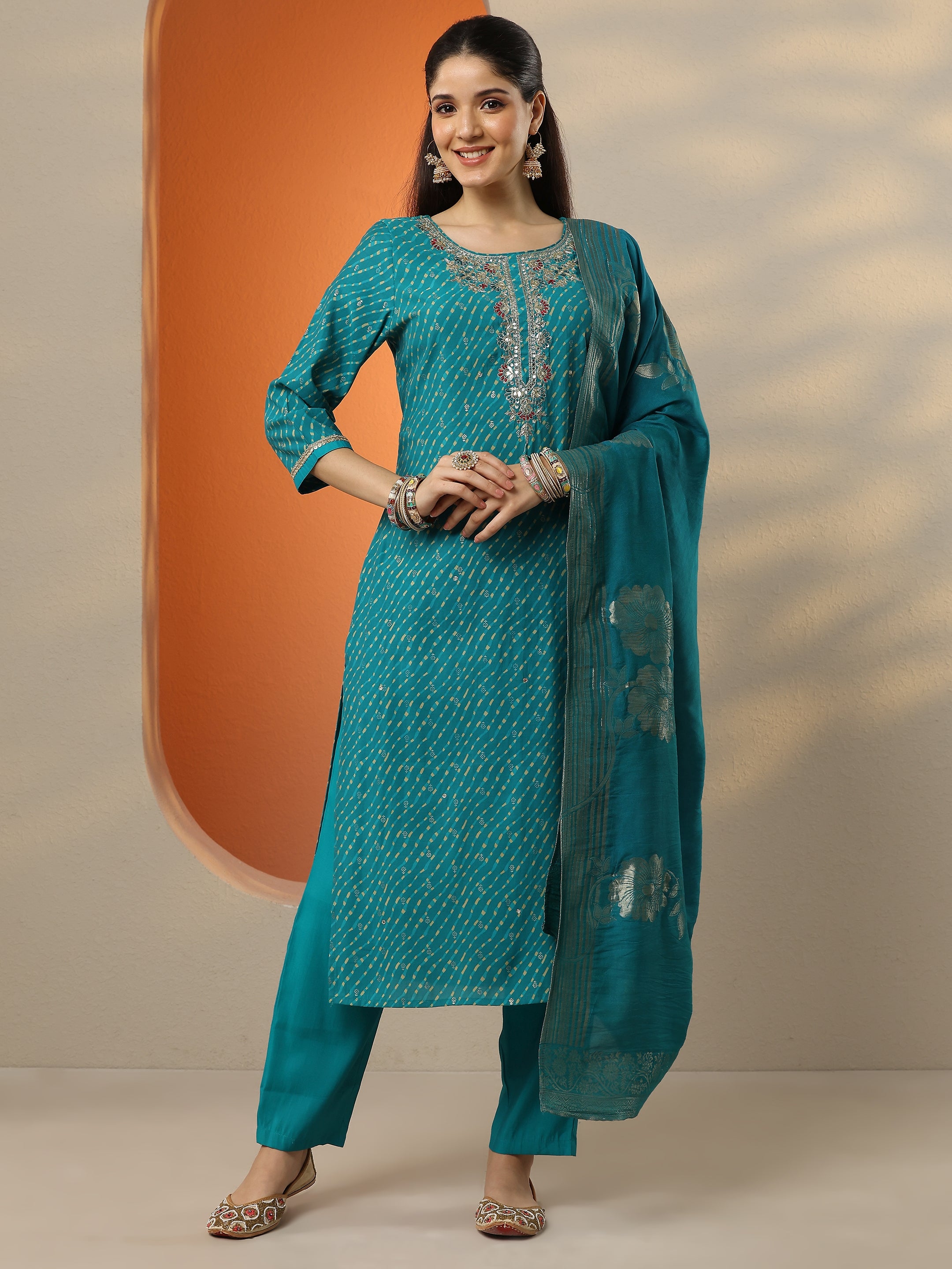 Blue Printed Silk blend Straight Suit Set With Dupatta-image-45