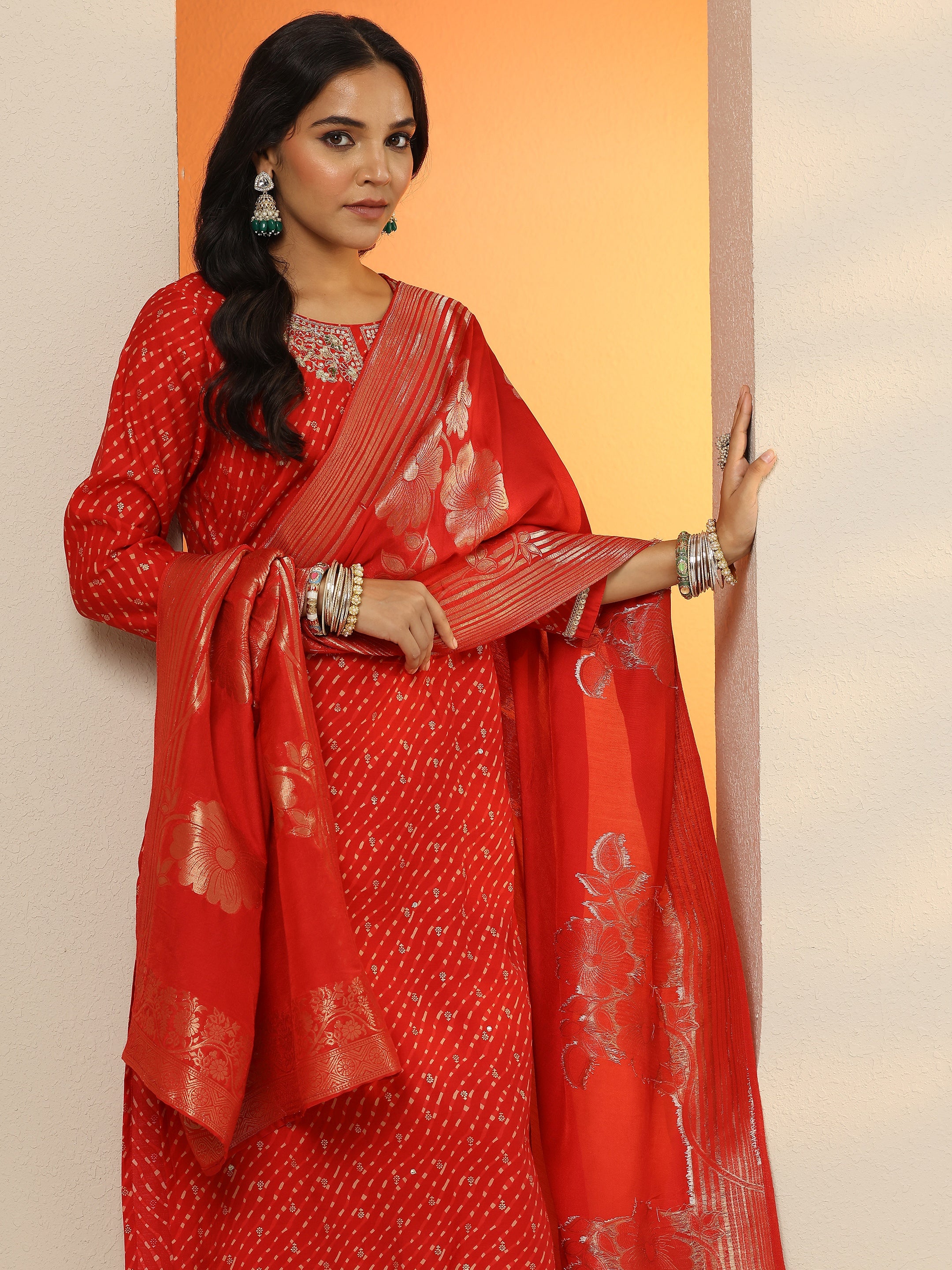 libas Red Printed Silk blend Straight Suit Set With Dupatta-picture-38