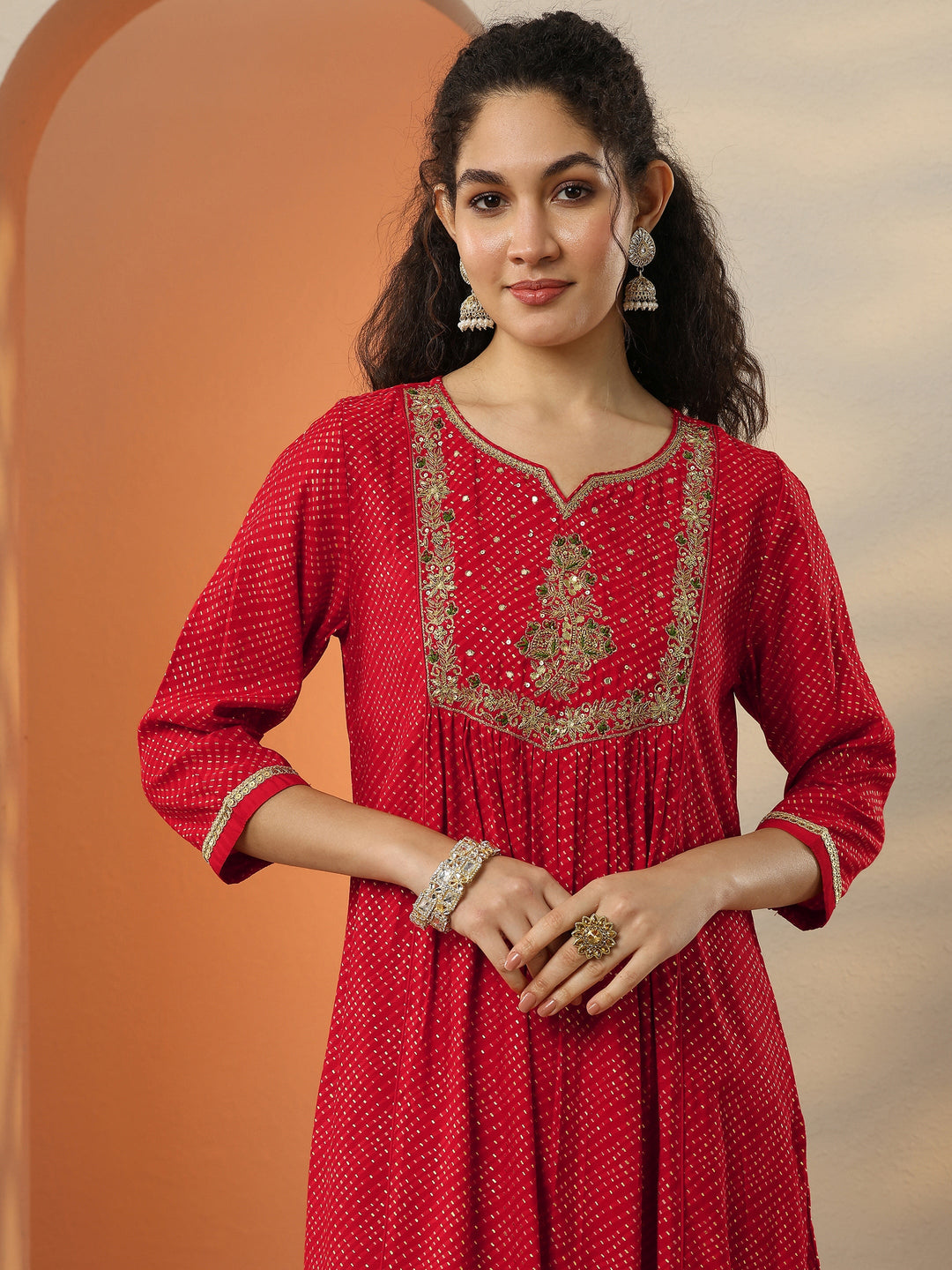  Red Printed Silk Blend  A-Line Suit Set With Dupatta 