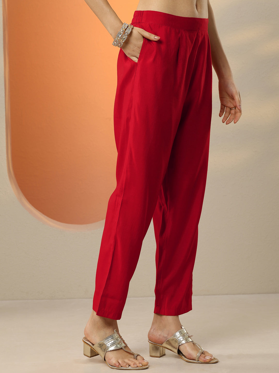  Red Printed Silk Blend  A-Line Suit Set With Dupatta 