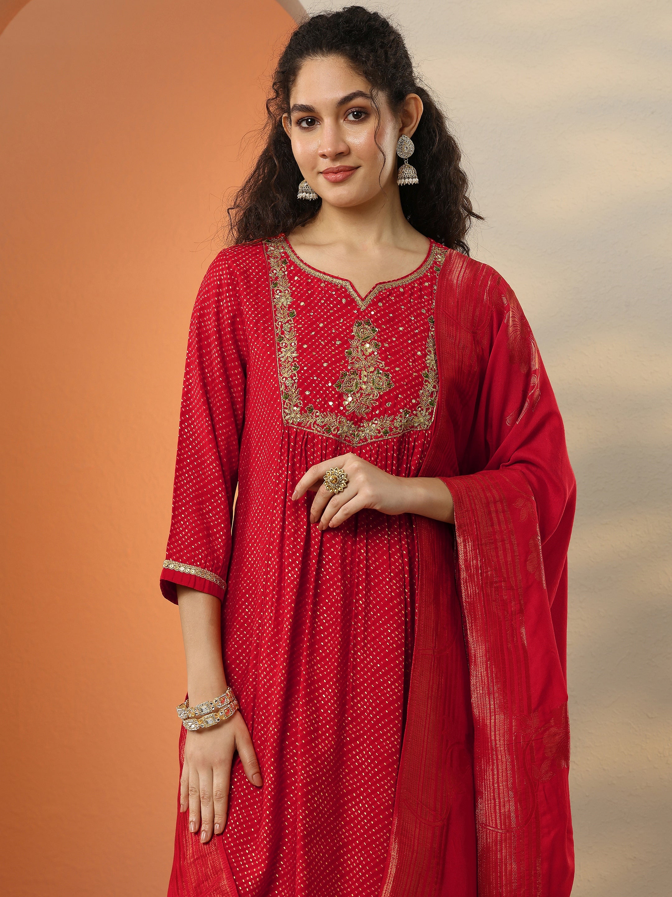 libas Red Printed Silk Blend A-Line Suit Set With Dupatta-picture-29