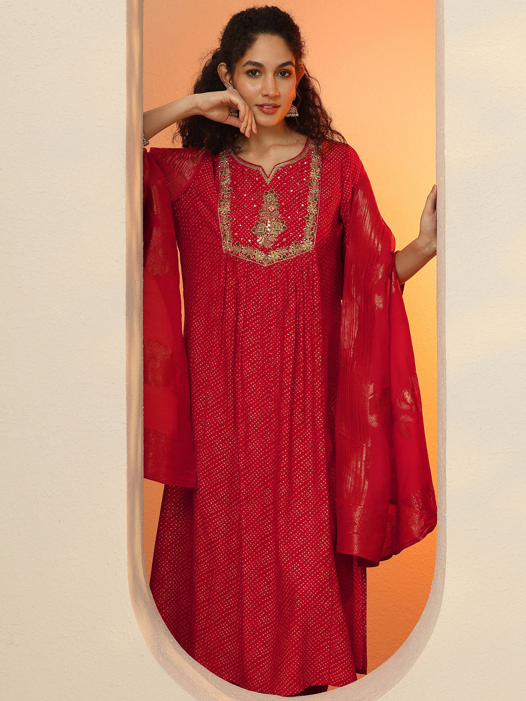  Red Printed Silk Blend  A-Line Suit Set With Dupatta 