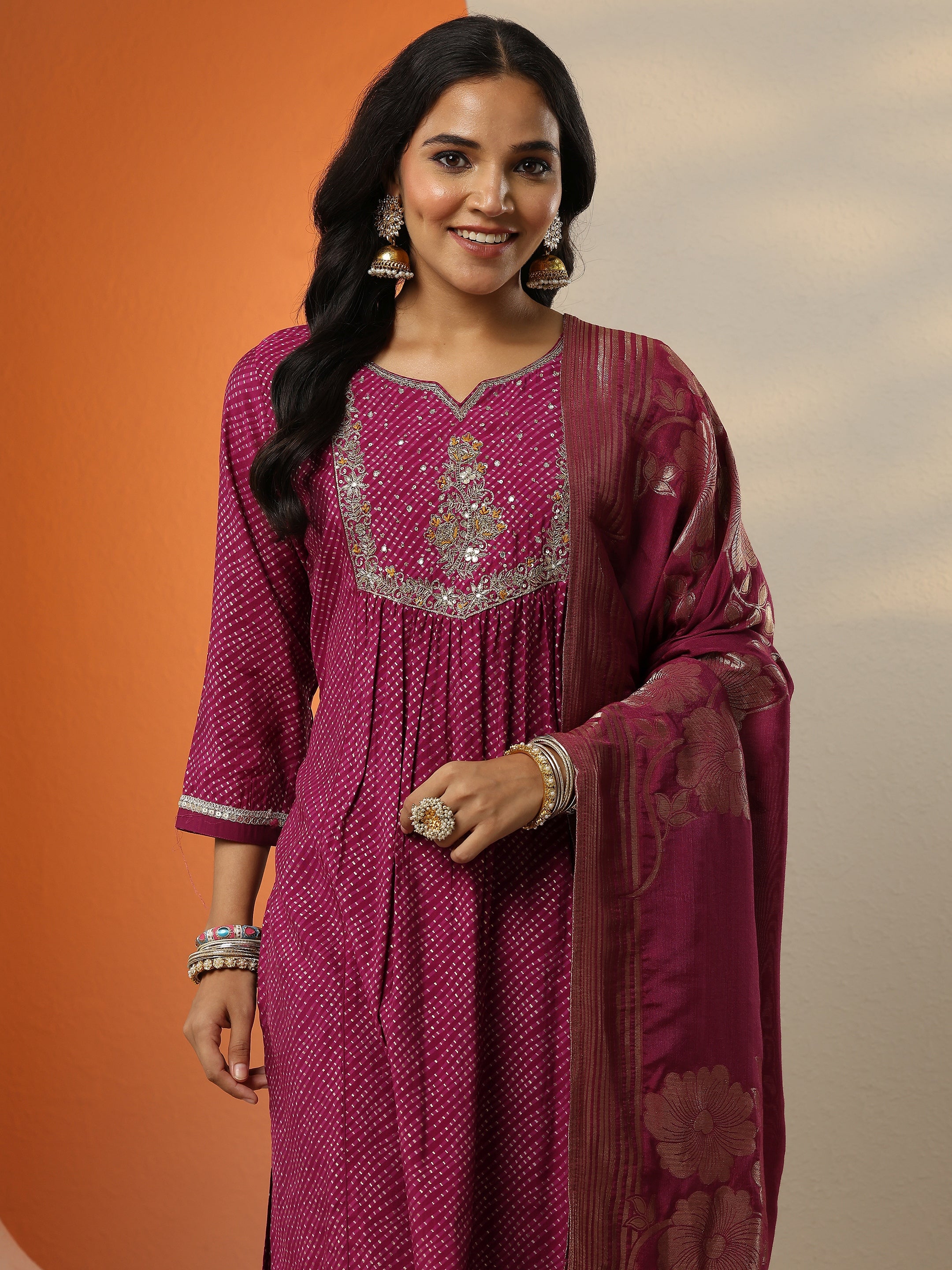 libas Purple Printed Silk blend A-line Suit Set With Dupatta-picture-27