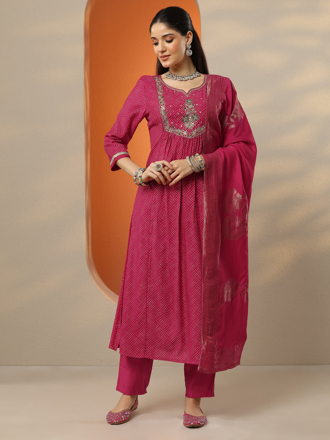  Pink Printed Silk Blend A-Line Suit Set With Dupatta 