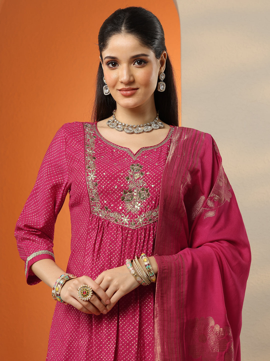  Pink Printed Silk Blend A-Line Suit Set With Dupatta 