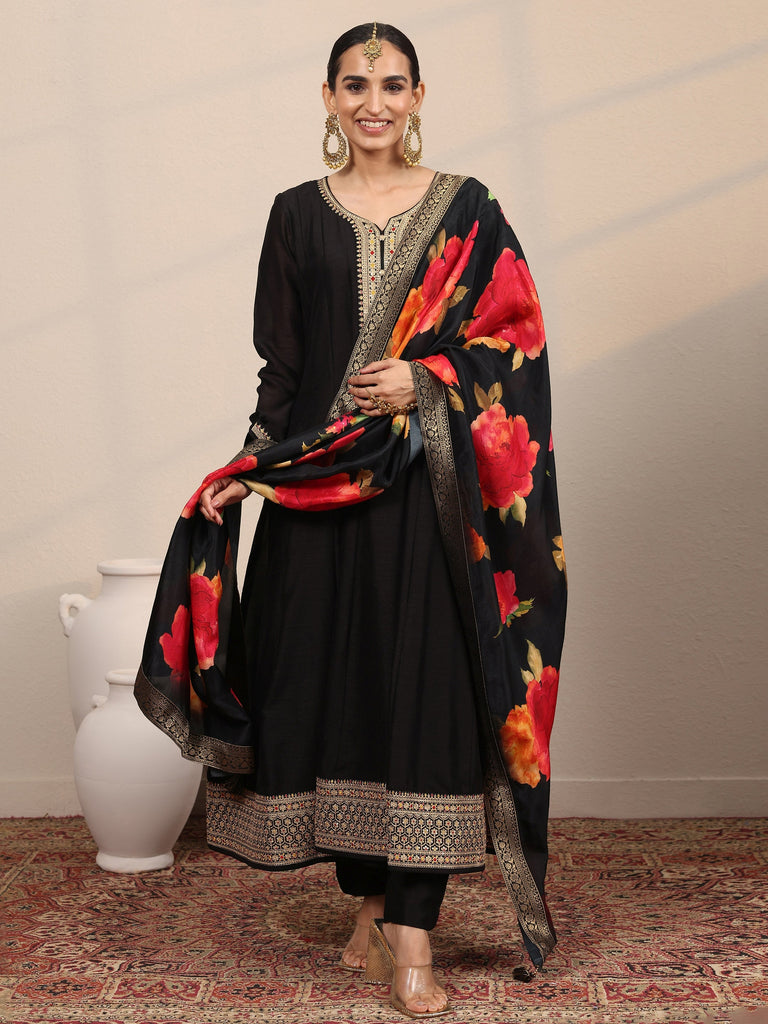 Libas Black Yoke Design Silk Blend Anarkali Suit Set With Dupatta