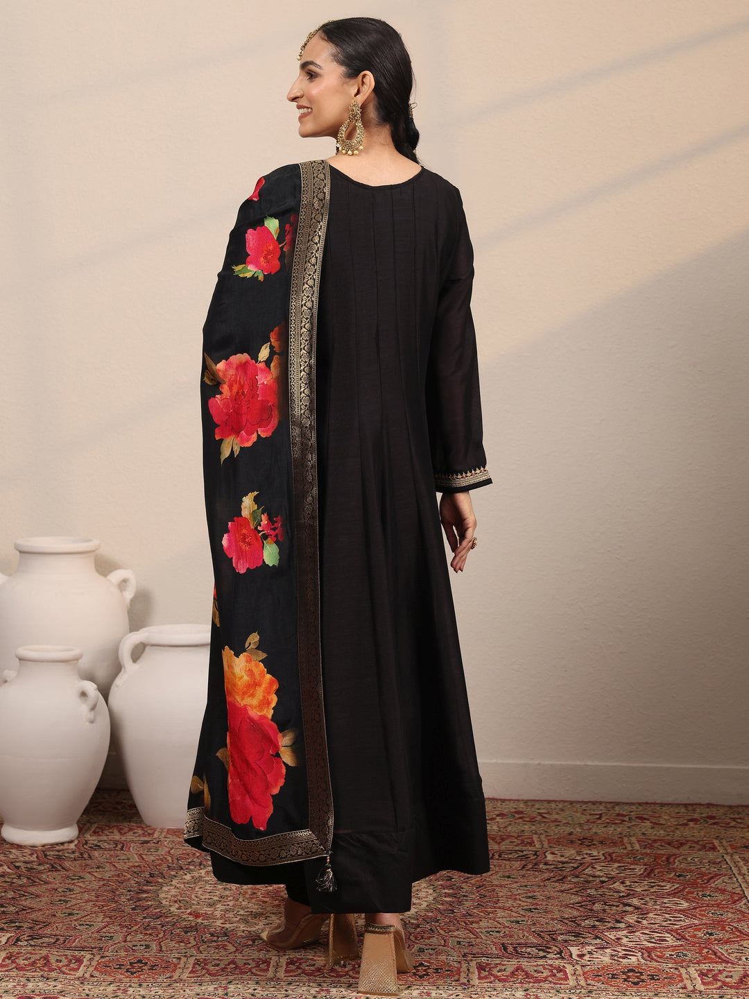  Black Yoke Design Silk Blend  Anarkali Suit Set With Dupatta 