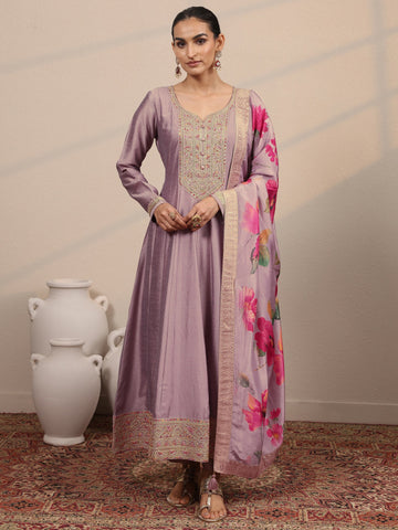 Lavender Yoke Design Silk Blend  Anarkali Suit Set With Dupatta