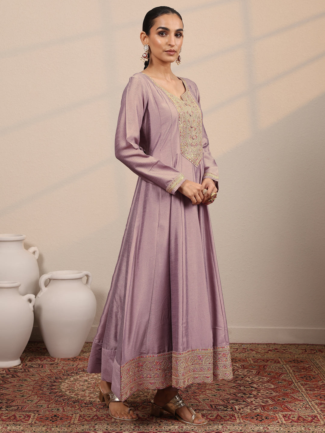  Lavender Yoke Design Silk Blend  Anarkali Suit Set With Dupatta 