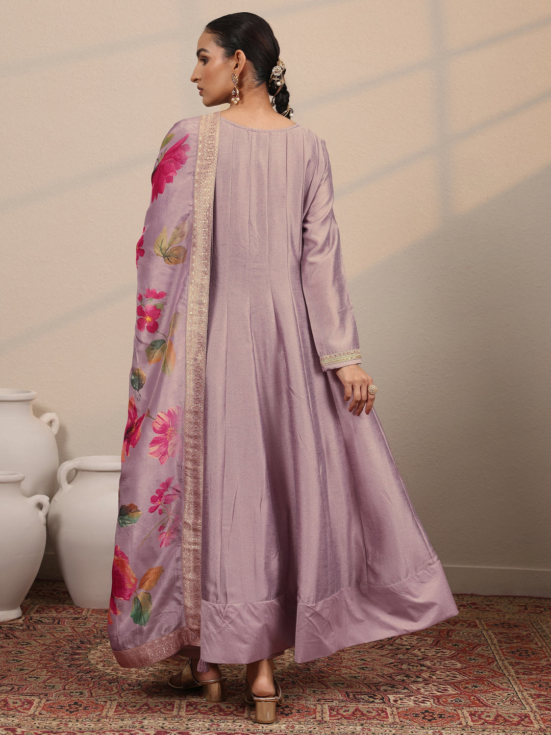  Lavender Yoke Design Silk Blend  Anarkali Suit Set With Dupatta 