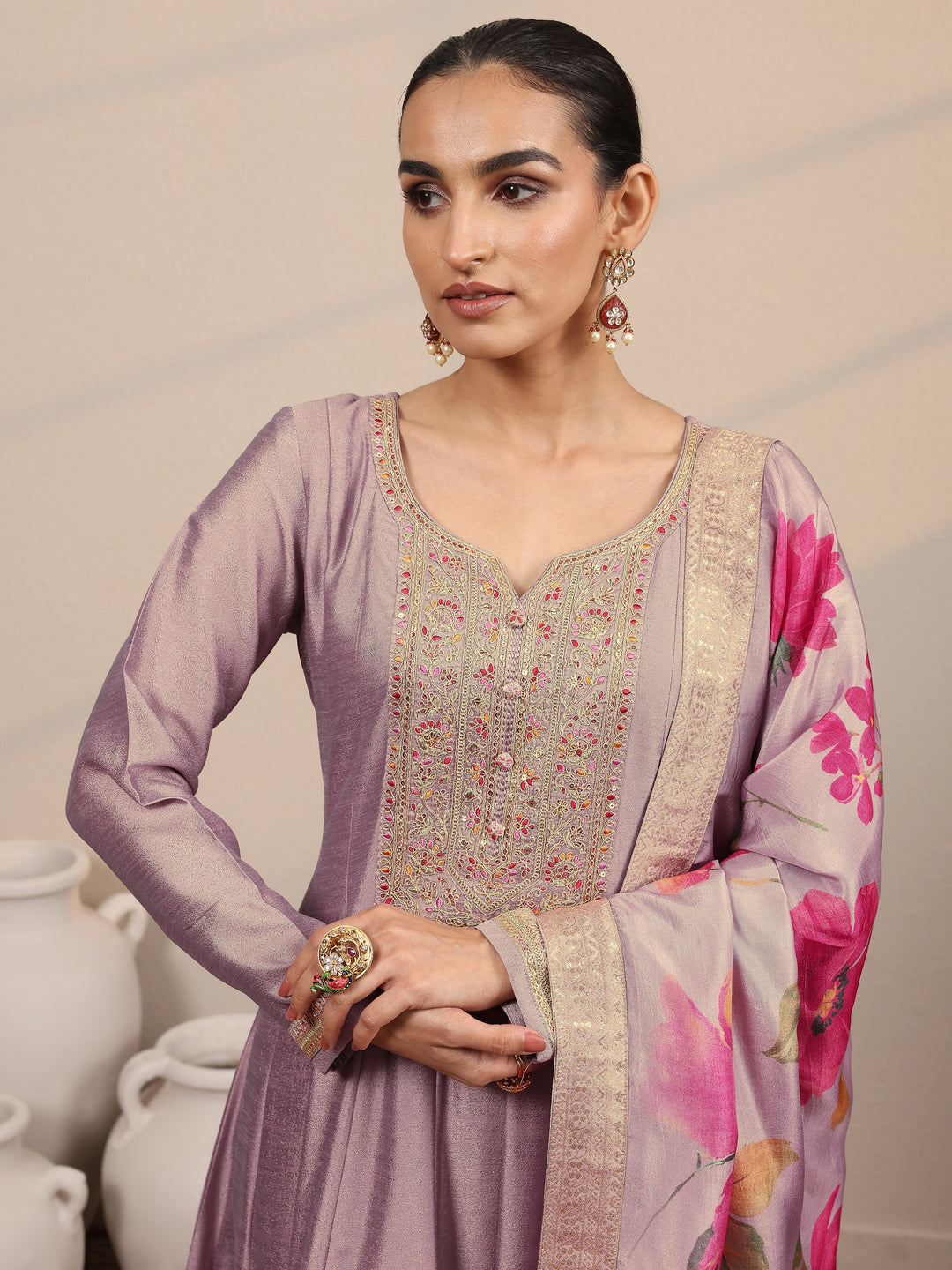  Lavender Yoke Design Silk Blend  Anarkali Suit Set With Dupatta 