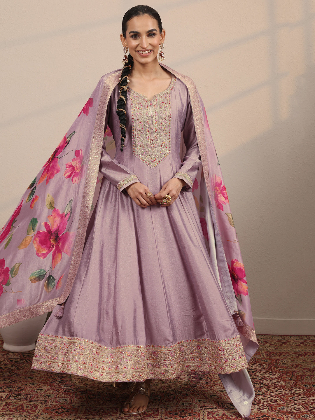  Lavender Yoke Design Silk Blend  Anarkali Suit Set With Dupatta 