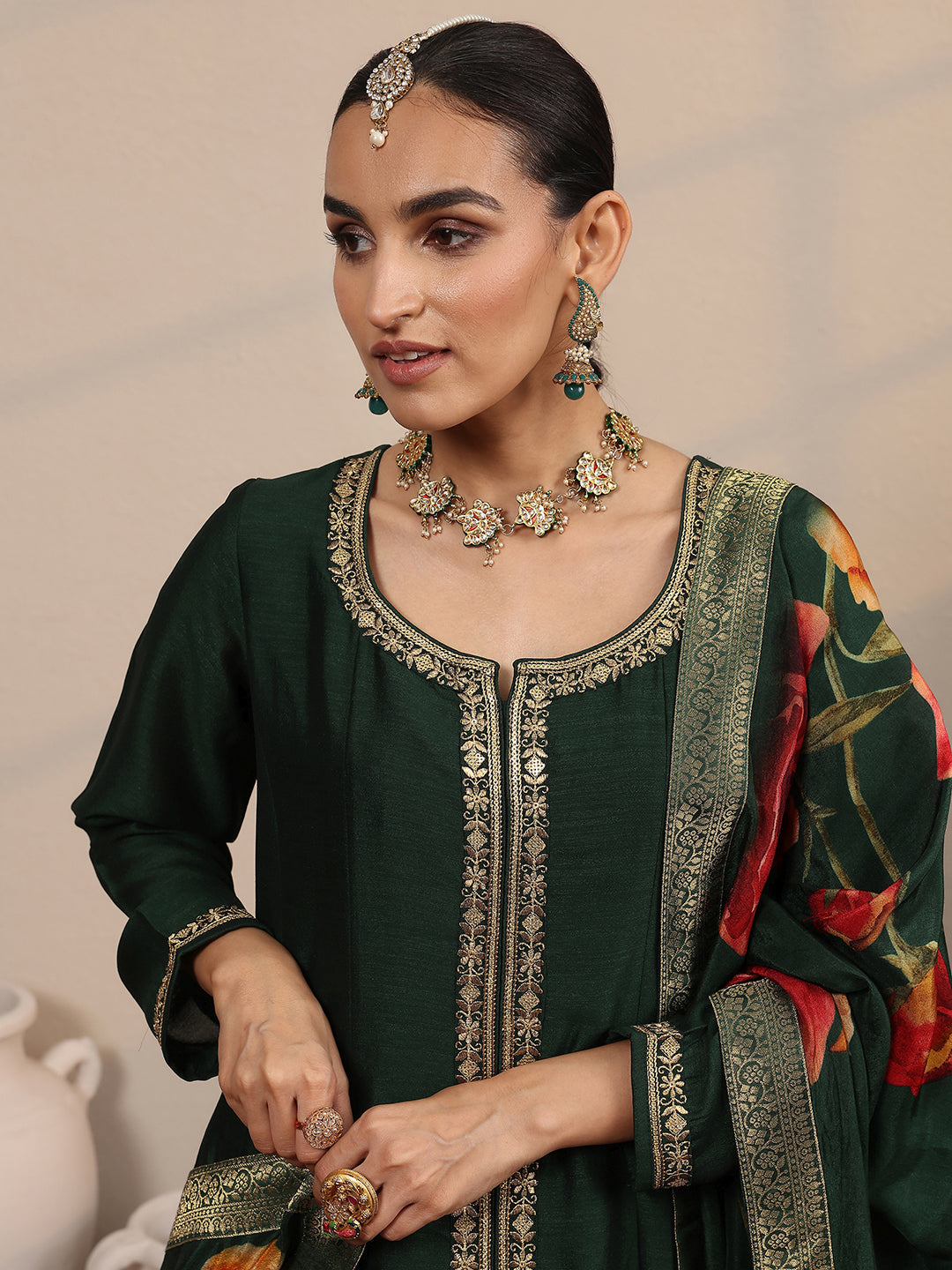  Libas Green Embroidered Silk Blend  A-Line Suit Set With Dupatta 