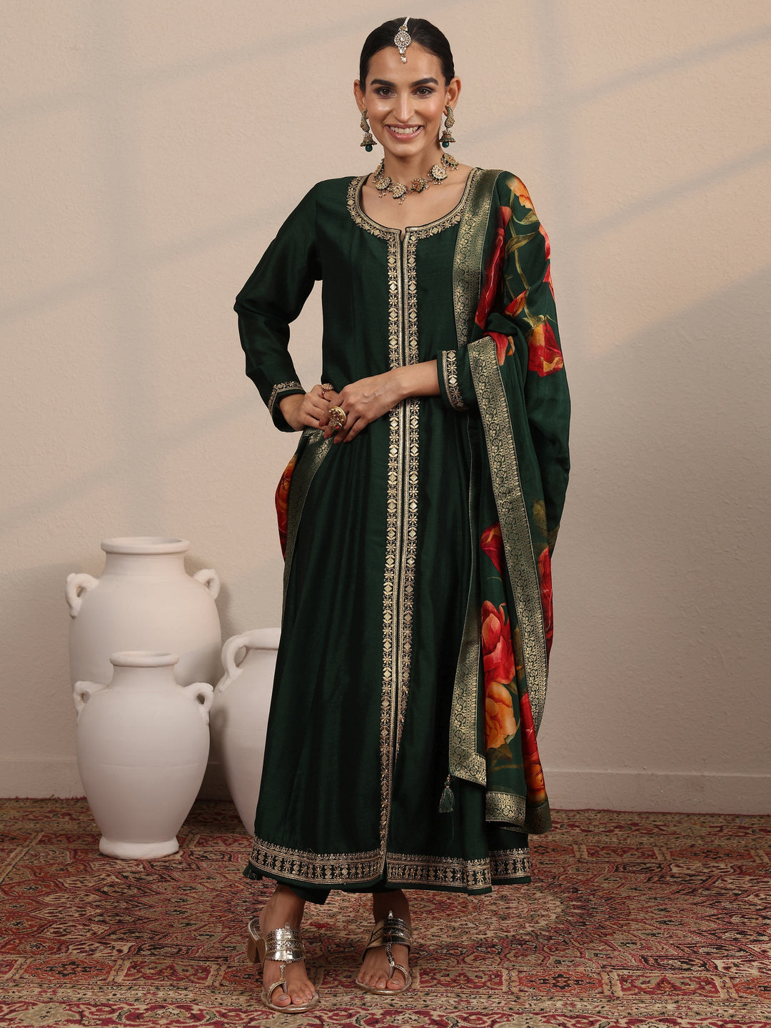  Green Embroidered Silk Blend  A-Line Suit Set With Dupatta 