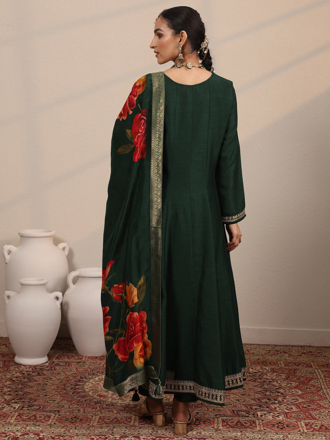  Green Embroidered Silk Blend  A-Line Suit Set With Dupatta 