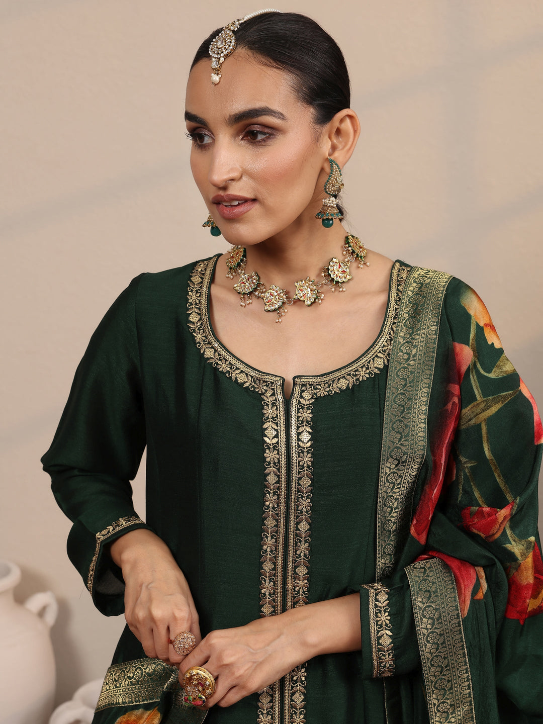  Green Embroidered Silk Blend  A-Line Suit Set With Dupatta 