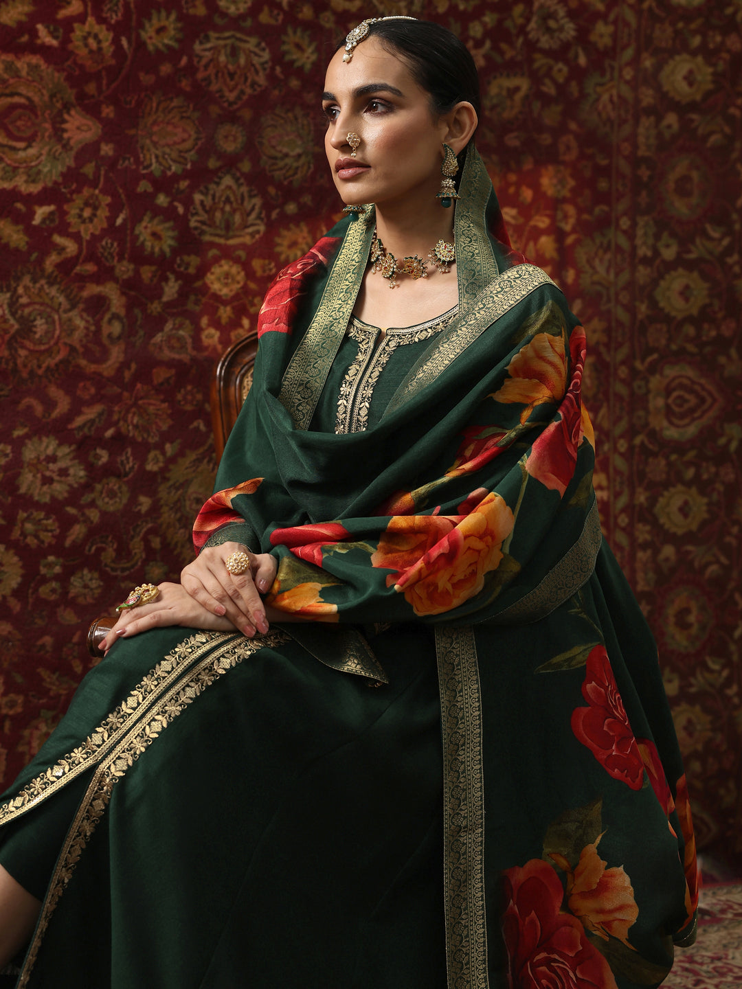  Green Embroidered Silk Blend  A-Line Suit Set With Dupatta 