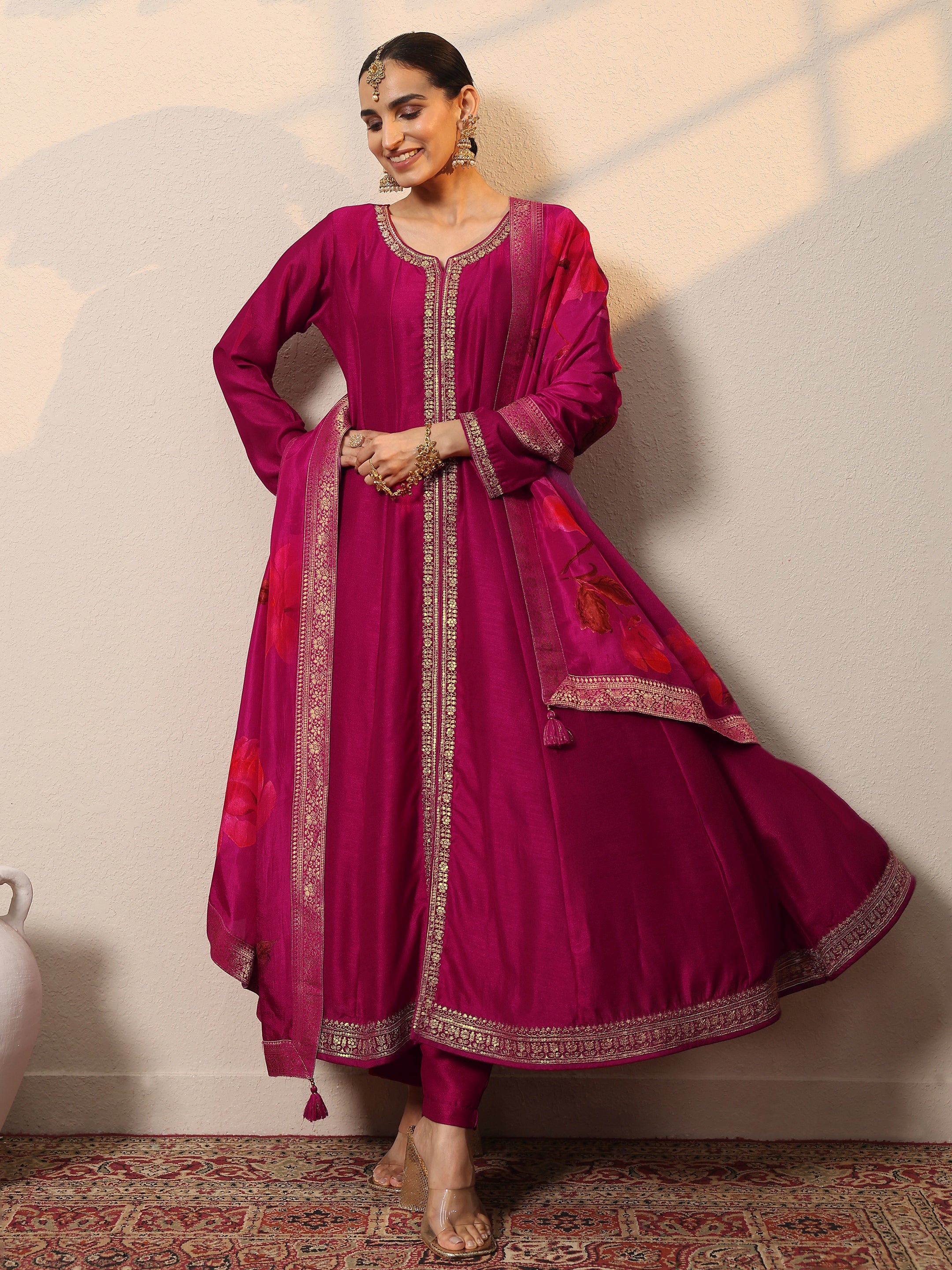 Magenta Embroidered Silk Blend A-Line Suit Set With Dupatta-image-47