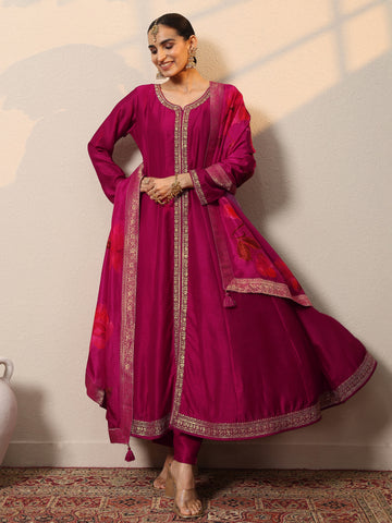 Magenta Embroidered Silk Blend  A-Line Suit Set With Dupatta