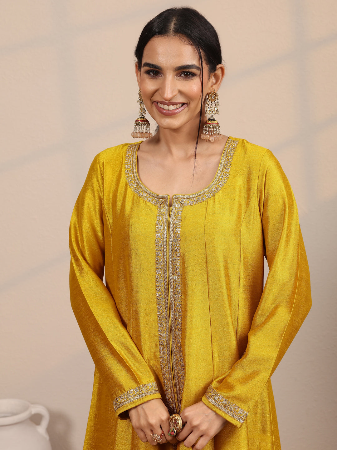  Mustard Embroidered Silk Blend  A-Line Suit Set With Dupatta 