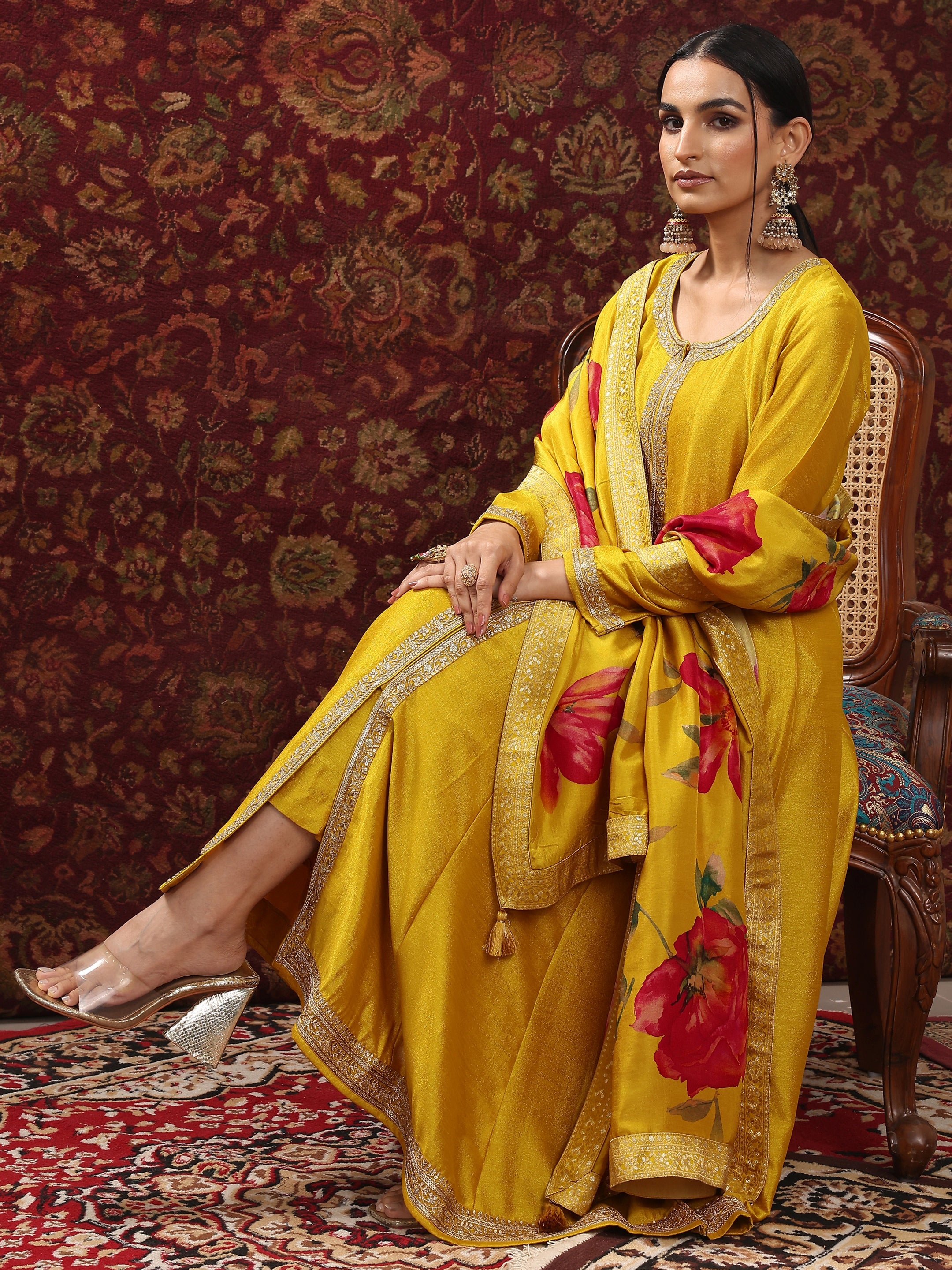 libas Mustard Embroidered Silk Blend A-Line Suit Set With Dupatta-picture-47