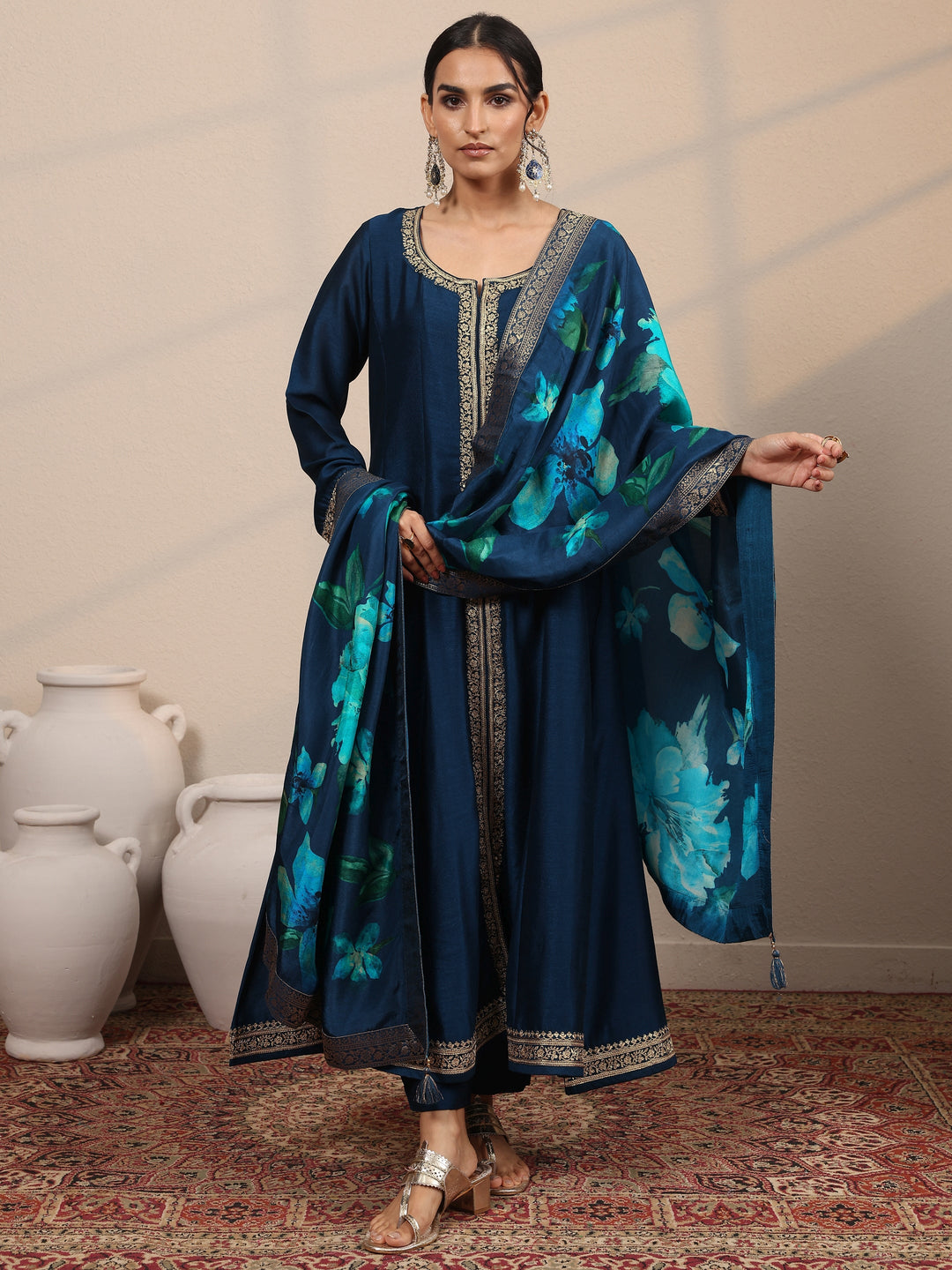 Navy Blue Embroidered Silk Blend  A-Line Suit Set With Dupatta