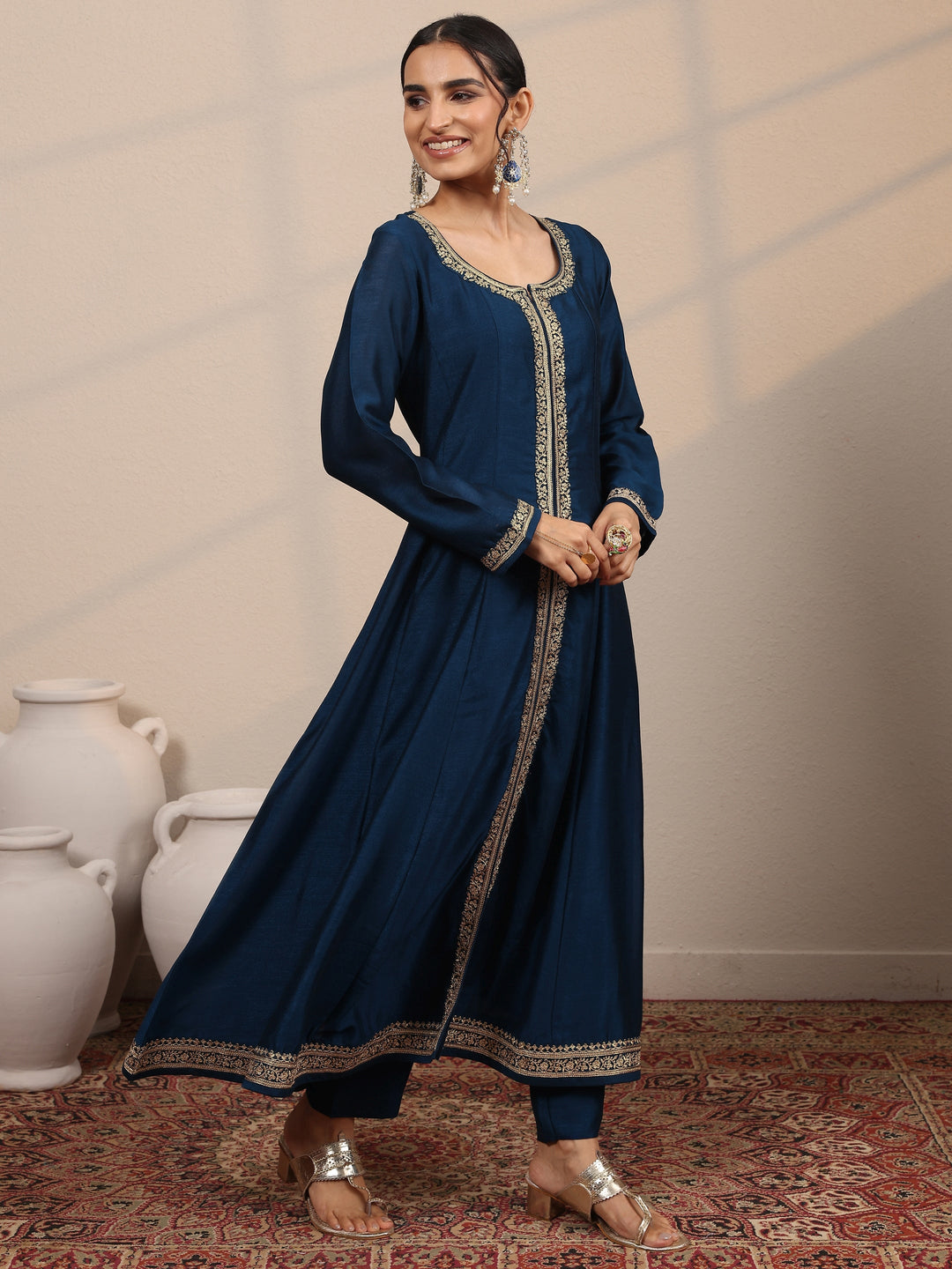  Navy Blue Embroidered Silk Blend  A-Line Suit Set With Dupatta 