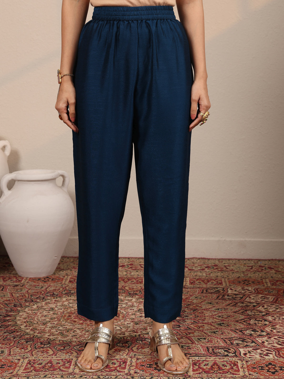  Navy Blue Embroidered Silk Blend  A-Line Suit Set With Dupatta 