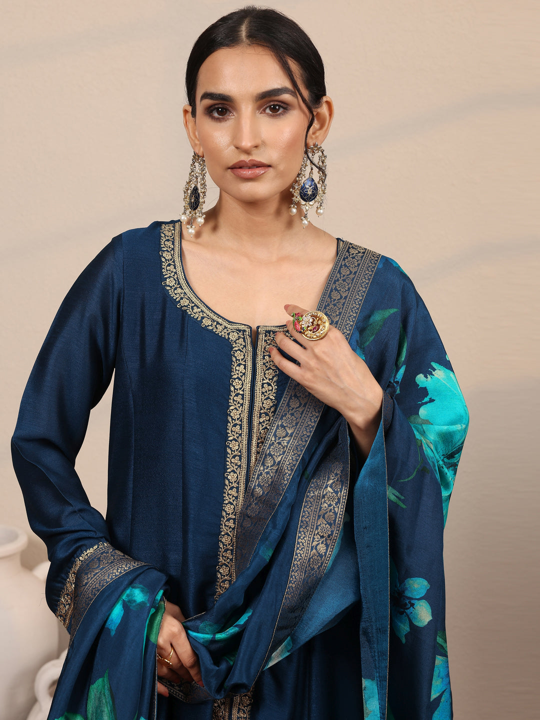  Navy Blue Embroidered Silk Blend  A-Line Suit Set With Dupatta 