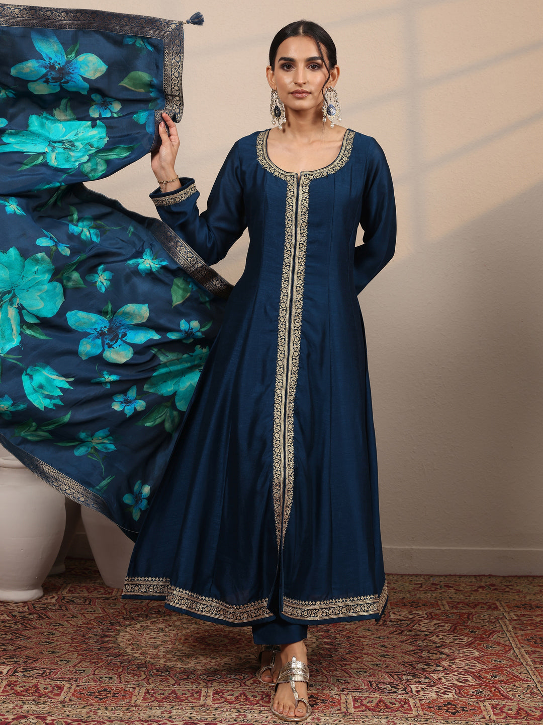  Navy Blue Embroidered Silk Blend  A-Line Suit Set With Dupatta 
