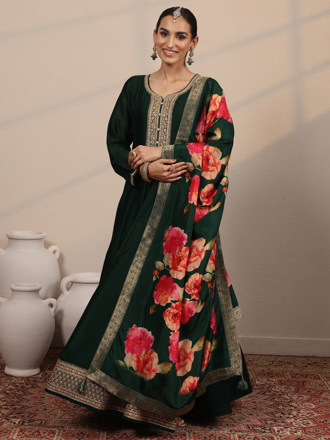 Green Embroidered Silk Blend A-Line Gown With Dupatta 