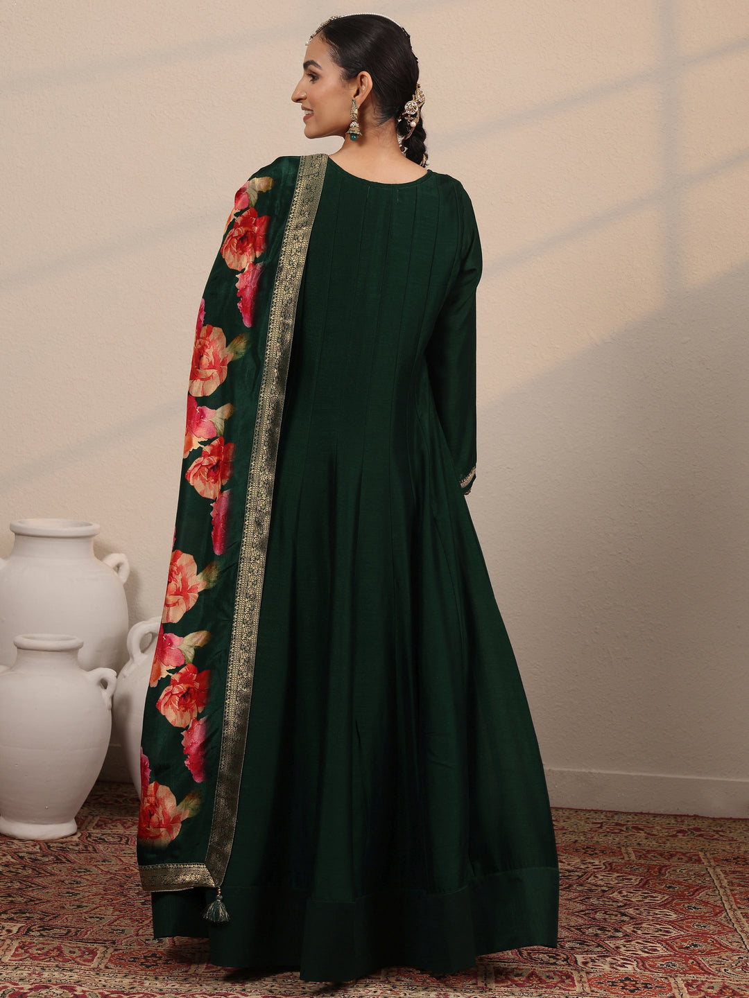  Green Embroidered Silk Blend A-Line Gown With Dupatta 