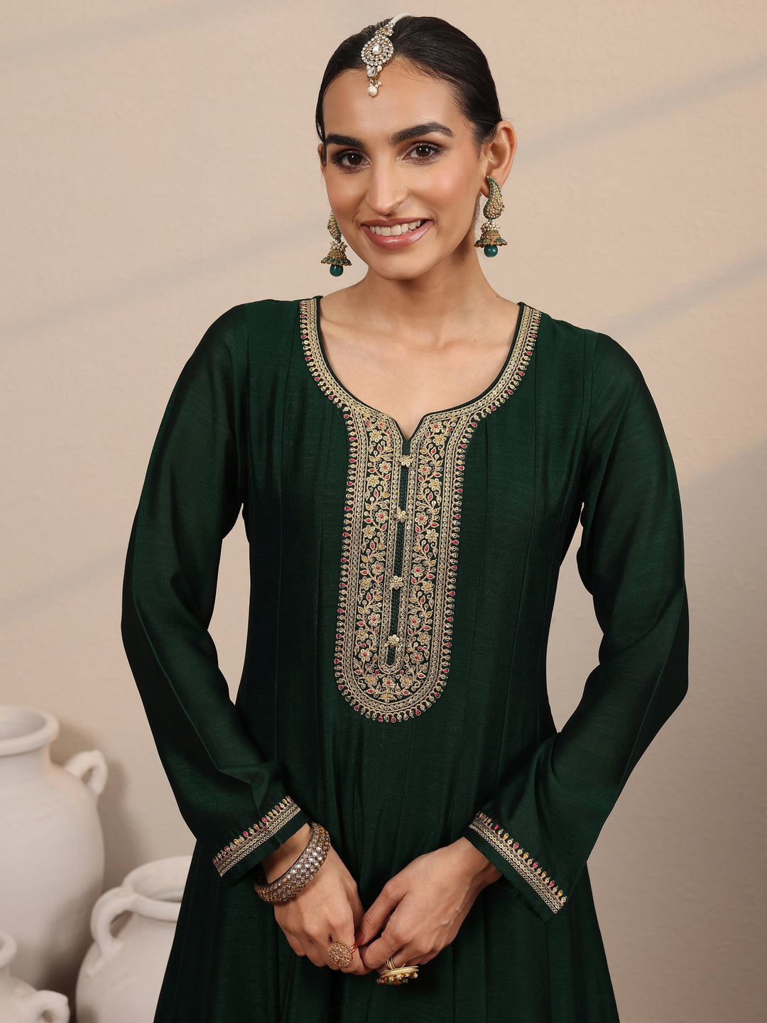  Green Embroidered Silk Blend A-Line Gown With Dupatta 