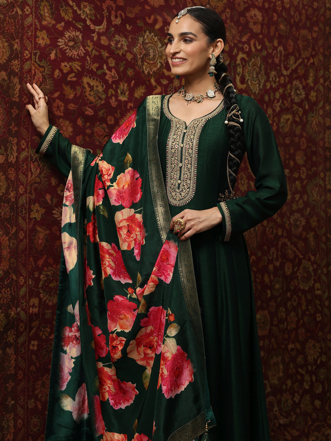 Green Embroidered Silk Blend A-Line Gown With Dupatta