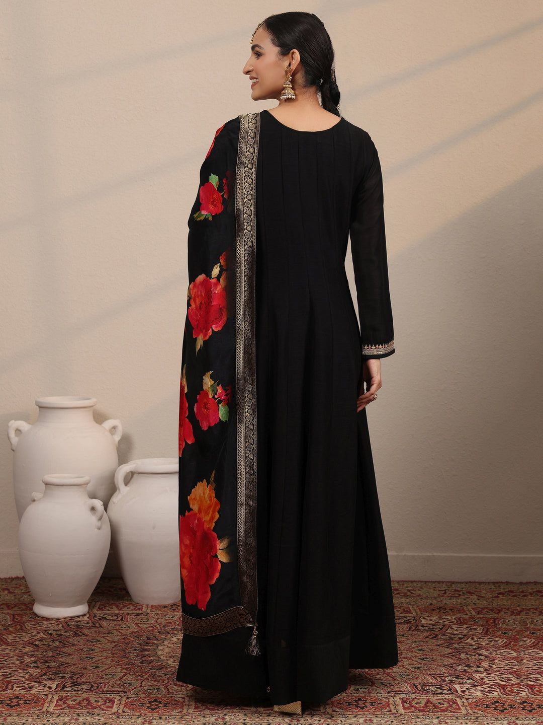  Black Embroidered Silk Blend A-Line Gown With Dupatta 