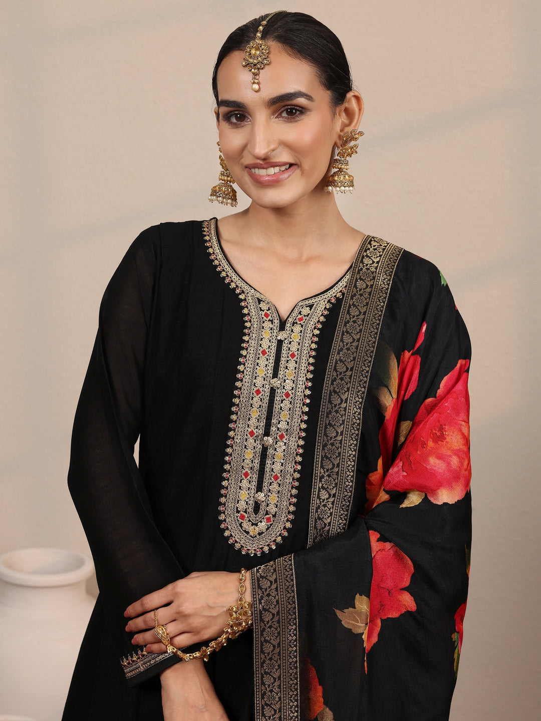  Black Embroidered Silk Blend A-Line Gown With Dupatta 