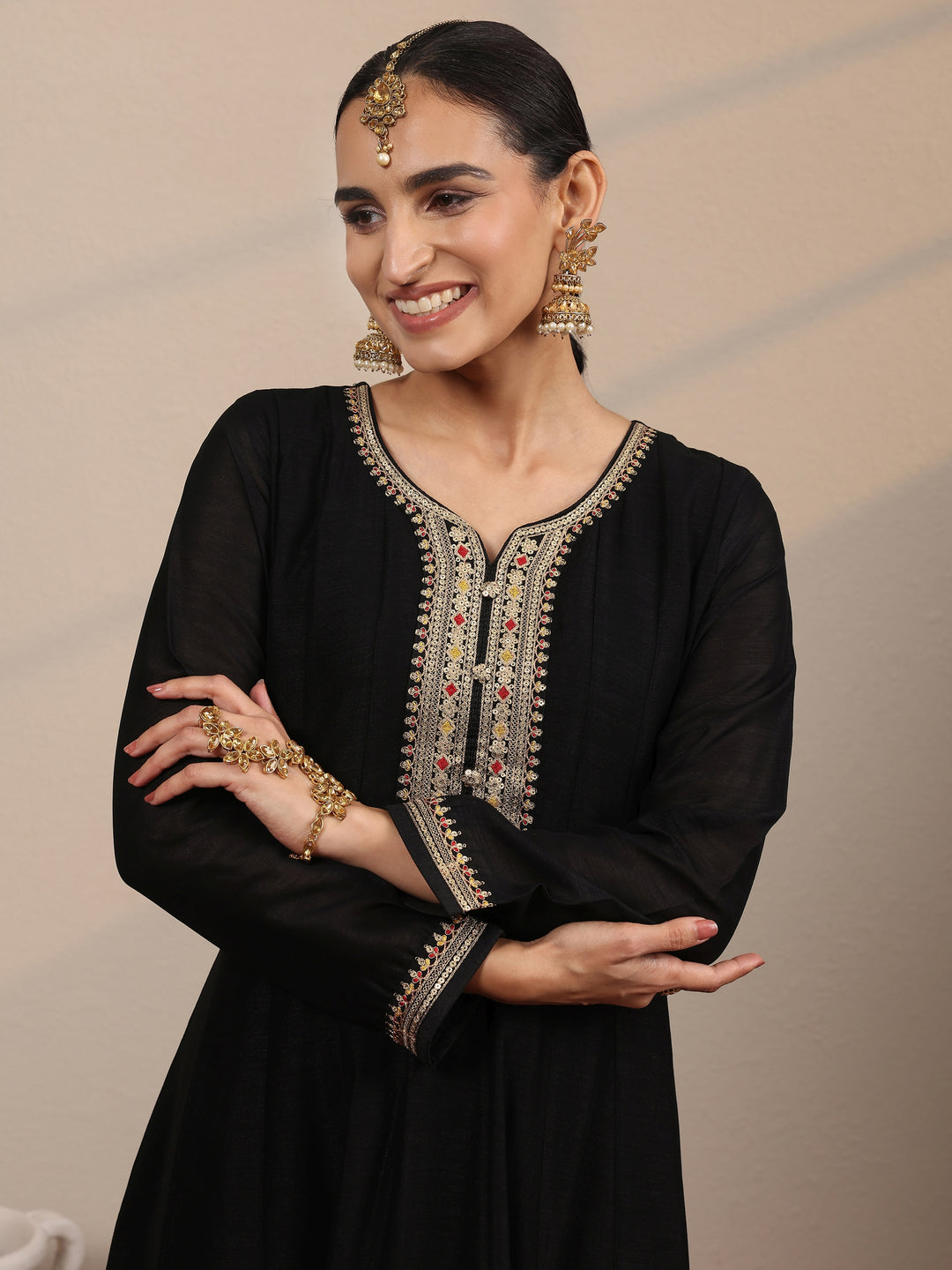  Black Embroidered Silk Blend A-Line Gown With Dupatta 