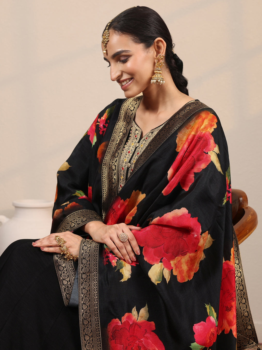 Black Embroidered Silk Blend A-Line Gown With Dupatta