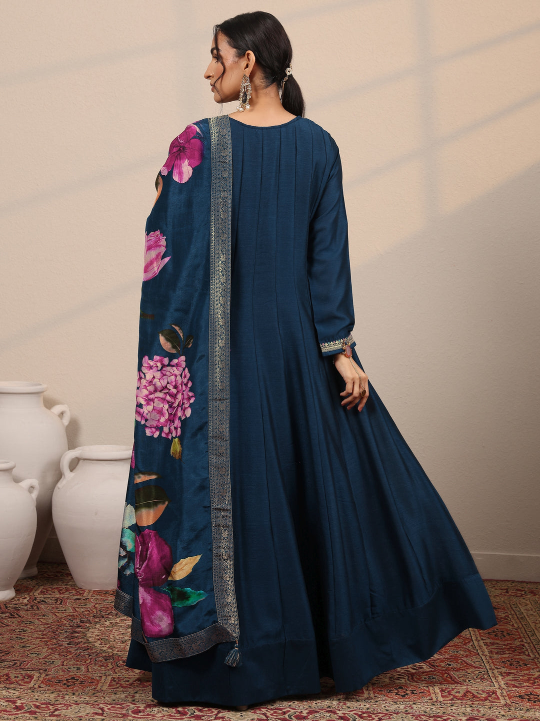  Navy Blue Embroidered Silk Blend A-Line Gown With Dupatta 