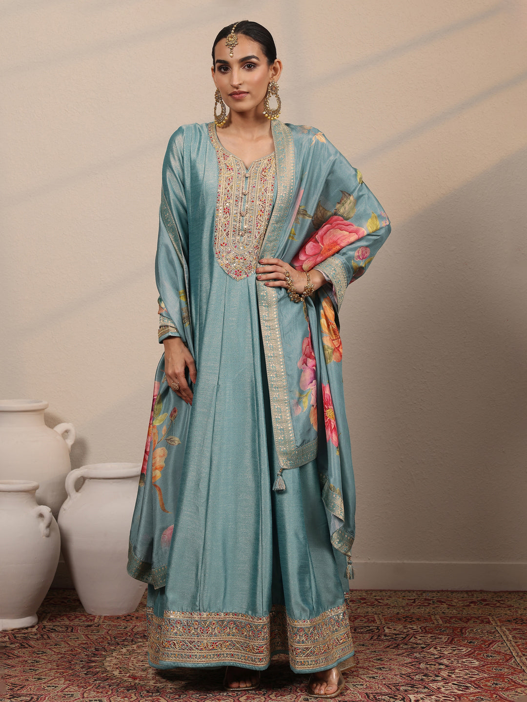  Blue Embroidered Silk blend A-line Gown With Dupatta 