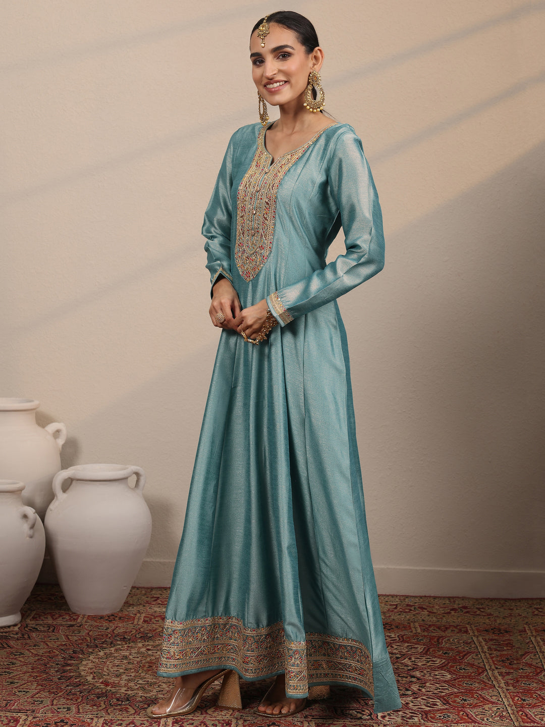  Blue Embroidered Silk blend A-line Gown With Dupatta 