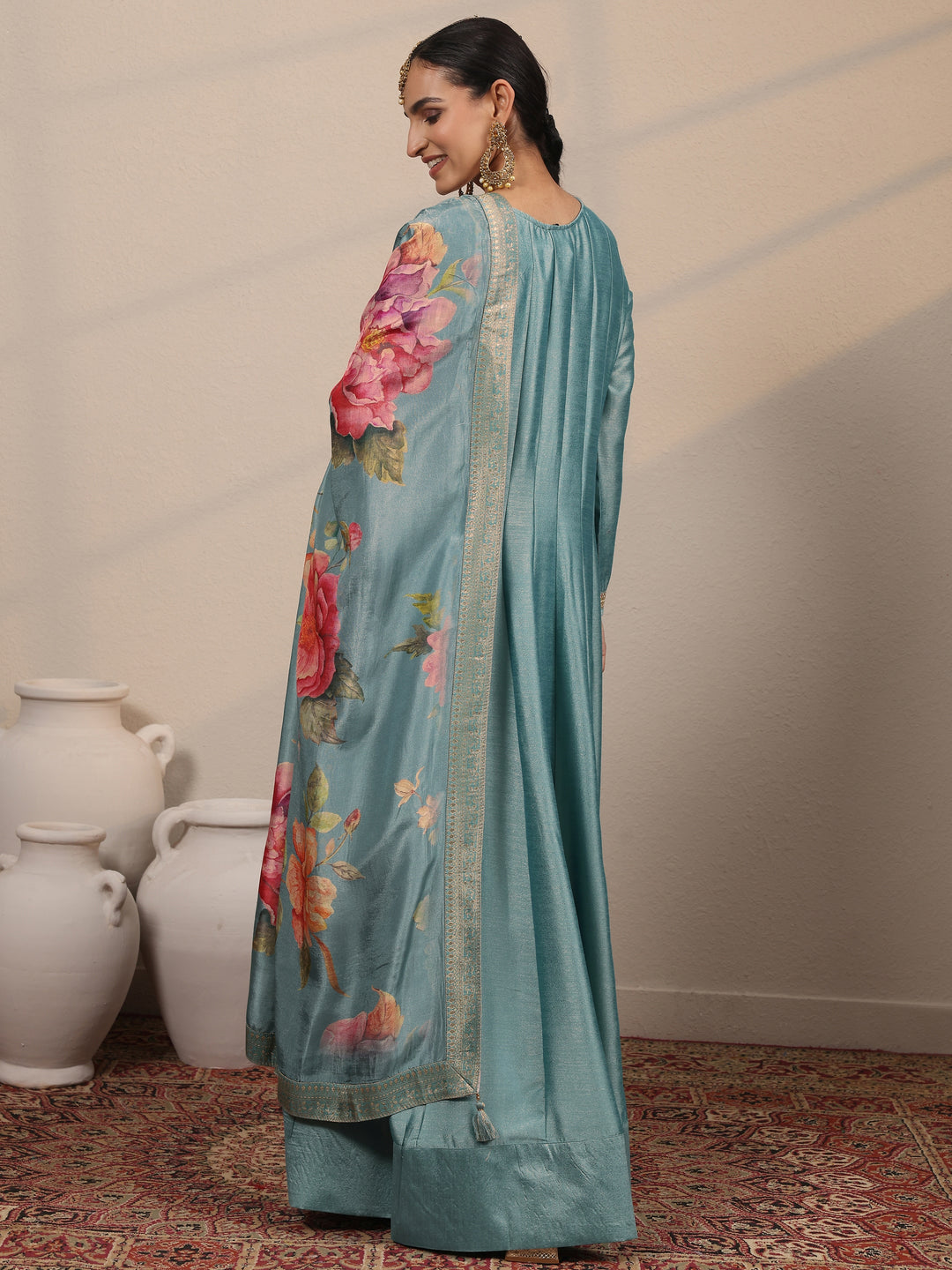  Blue Embroidered Silk blend A-line Gown With Dupatta 