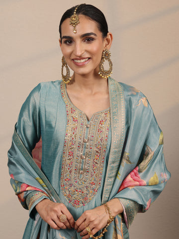Blue Embroidered Silk Blend A-line Gown With Dupatta