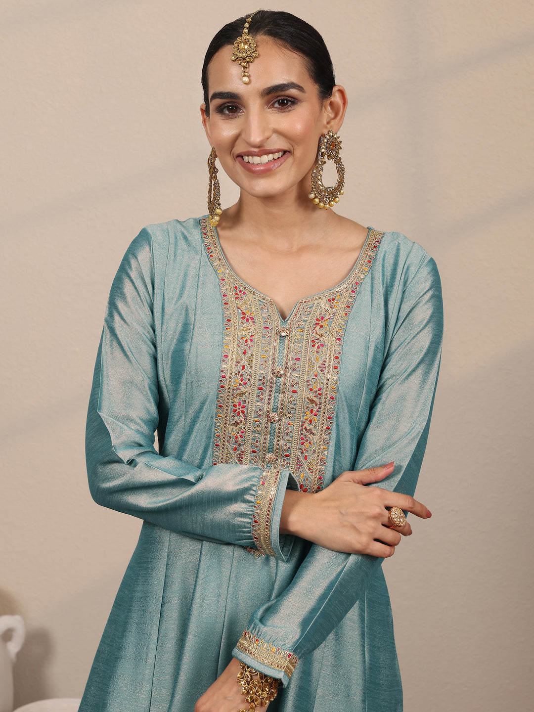  Blue Embroidered Silk blend A-line Gown With Dupatta 