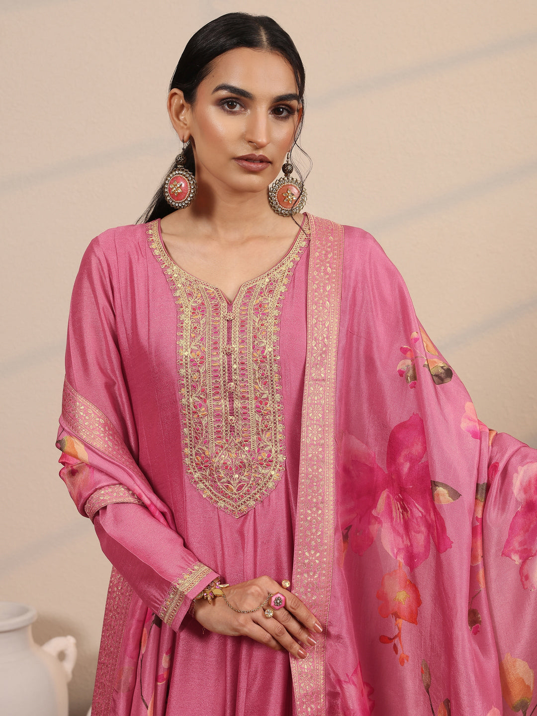 Peach Embroidered Silk Blend A-Line Gown With Dupatta